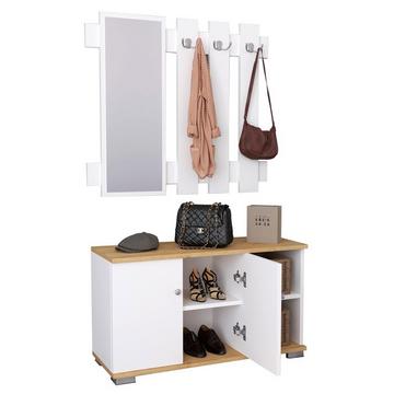 Banc en bois 2 pièces, armoire à chaussures, étagère à chaussures, portemanteau, meuble d'entrée Gados XL
