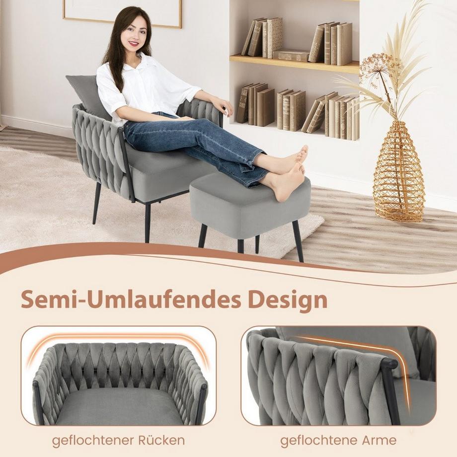 Northix  Ohrensessel mit Hocker Sessel mit weichem Kissen geflochtener Rückenlehne 58 cm Sitztiefe Grau 