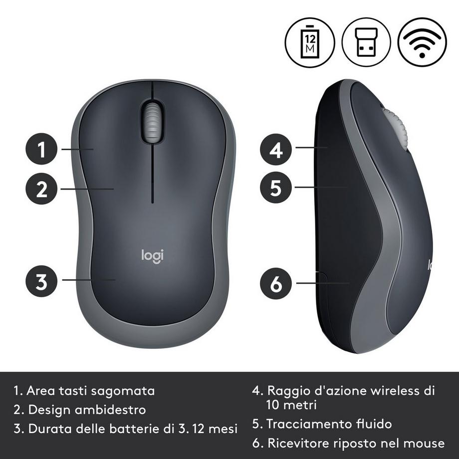 Logitech  M185 - Souris - optique - sans fil - 2.4 GHz - récepteur sans fil USB - gris 