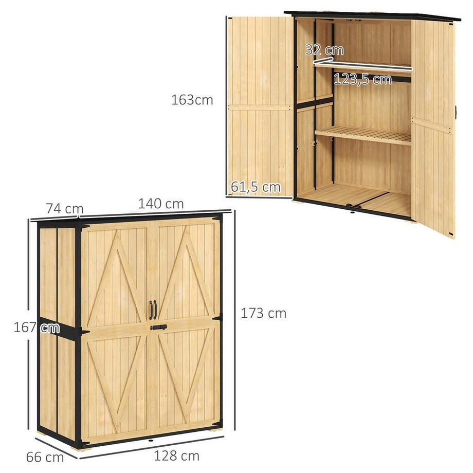 Northio  Gartenschrank, Geräteschuppen aus Holz, Wetterfest Geräteschrank mit 2 Türen, Regale, Werkzeughaus mit Asphaltdach, Werkzeugschrank für Garten, Terrasse, 140 x 74 x 173 cm, Naturholz | 