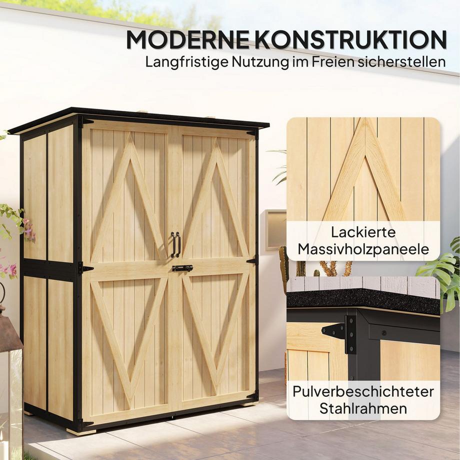Northio  Gartenschrank, Geräteschuppen aus Holz, Wetterfest Geräteschrank mit 2 Türen, Regale, Werkzeughaus mit Asphaltdach, Werkzeugschrank für Garten, Terrasse, 140 x 74 x 173 cm, Naturholz | 