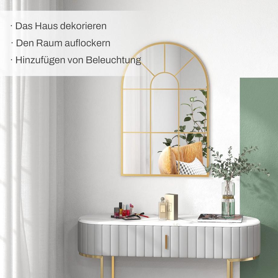Northio  Miroir mural miroir de fenêtre 91 x 60 cm miroir décoratif avec cadre en métal miroir suspendu pour salon, chambre à coucher, doré 