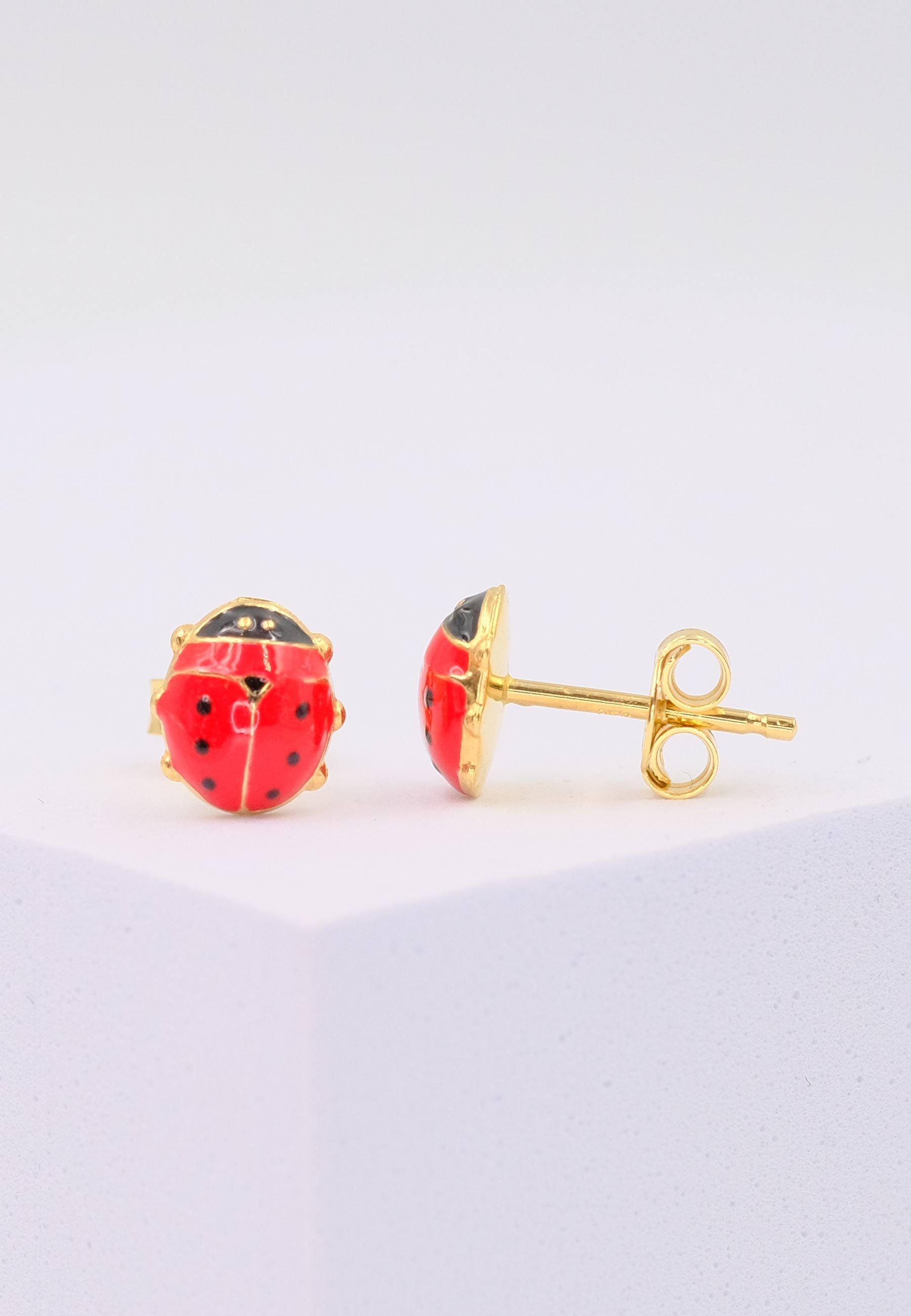 MUAU Schmuck  Clous d'oreilles coccinelle or jaune 750 rouge/noir 8mm 