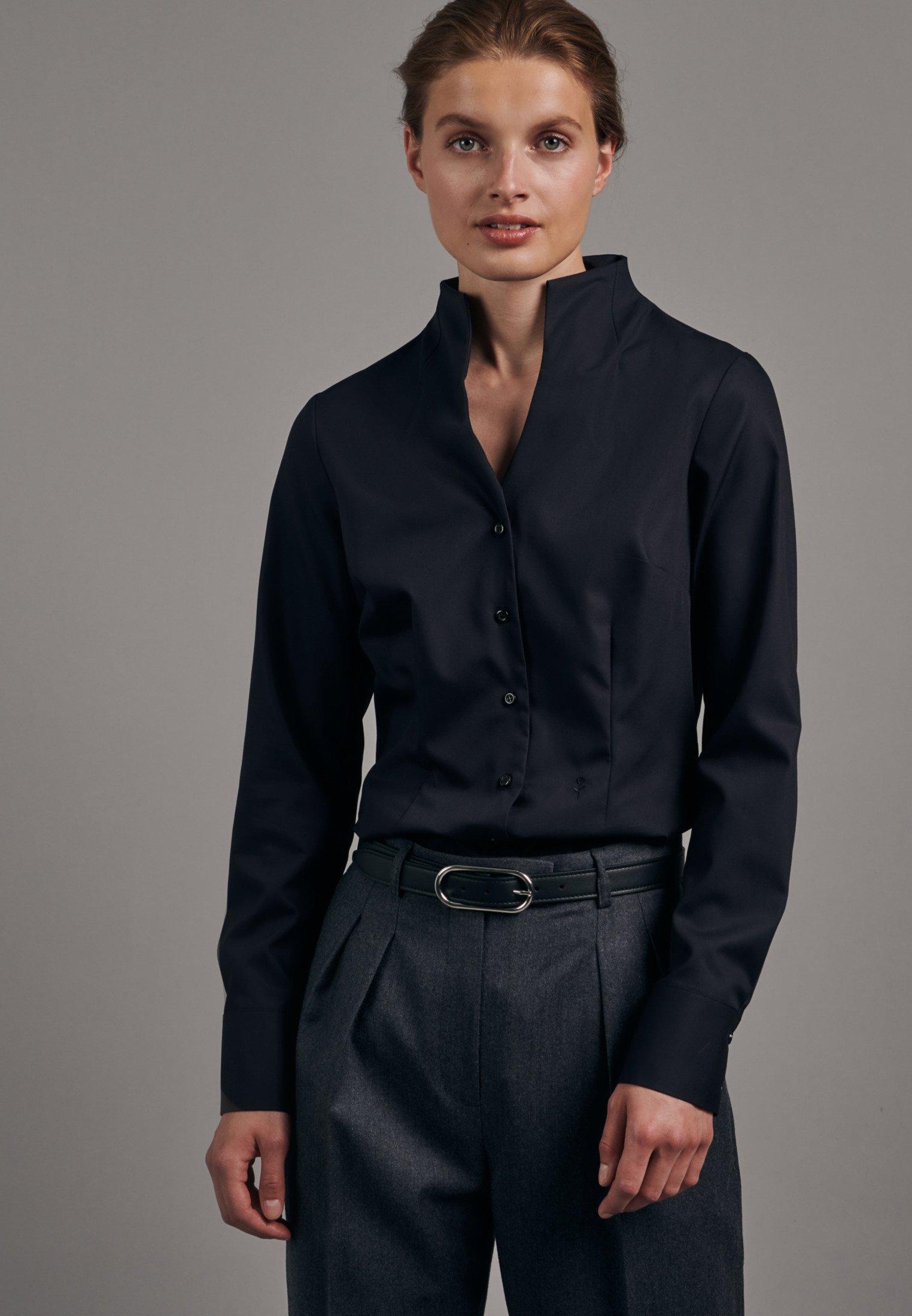 Image of Kelchkragenbluse Uni Langarm Kragen Damen Schwarz 48