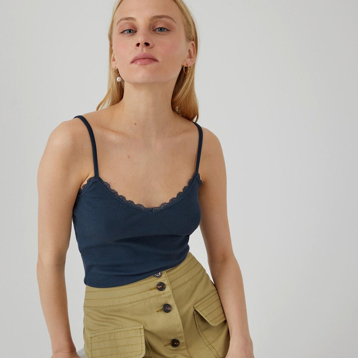Image of Top Mit Schmalen Trägern Und Spitze Damen Blau XL