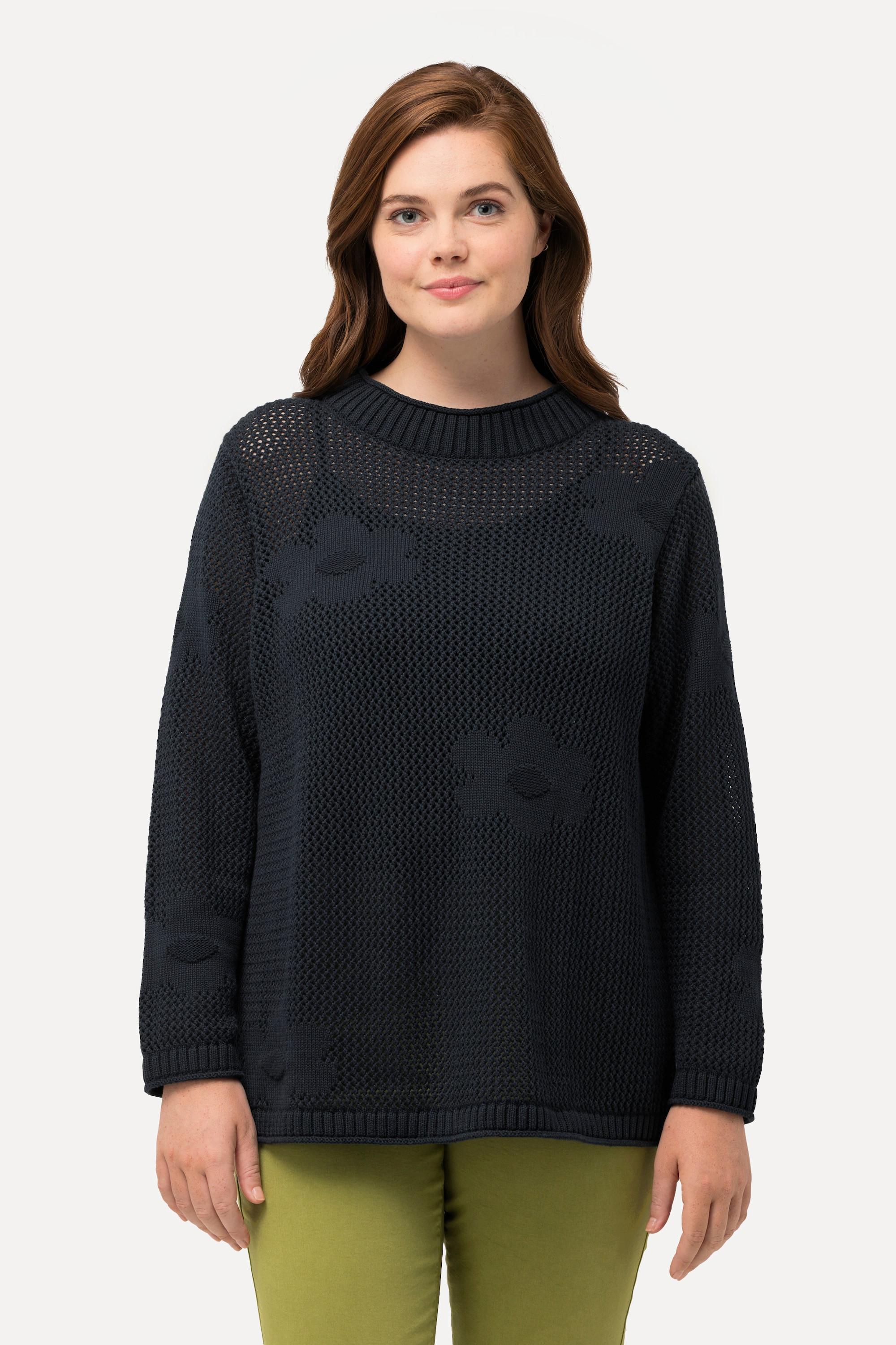 Ulla Popken  Pullover, Lochstrick, Rundhals, Langarm, Biobaumwolle 