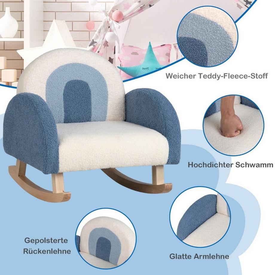 Northix  Fauteuil à bascule pour enfant, fauteuil en peluche Teddy avec pieds à bascule en bois de peuplier bleu 