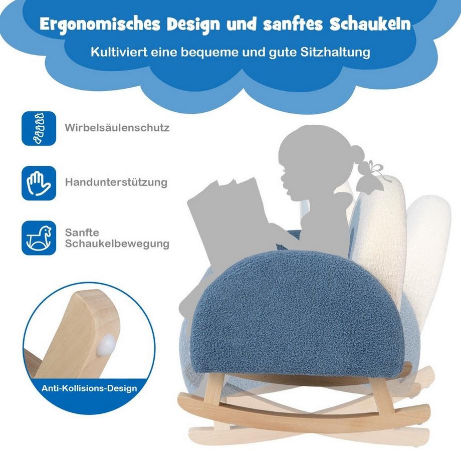 Northix  Fauteuil à bascule pour enfant, fauteuil en peluche Teddy avec pieds à bascule en bois de peuplier bleu 