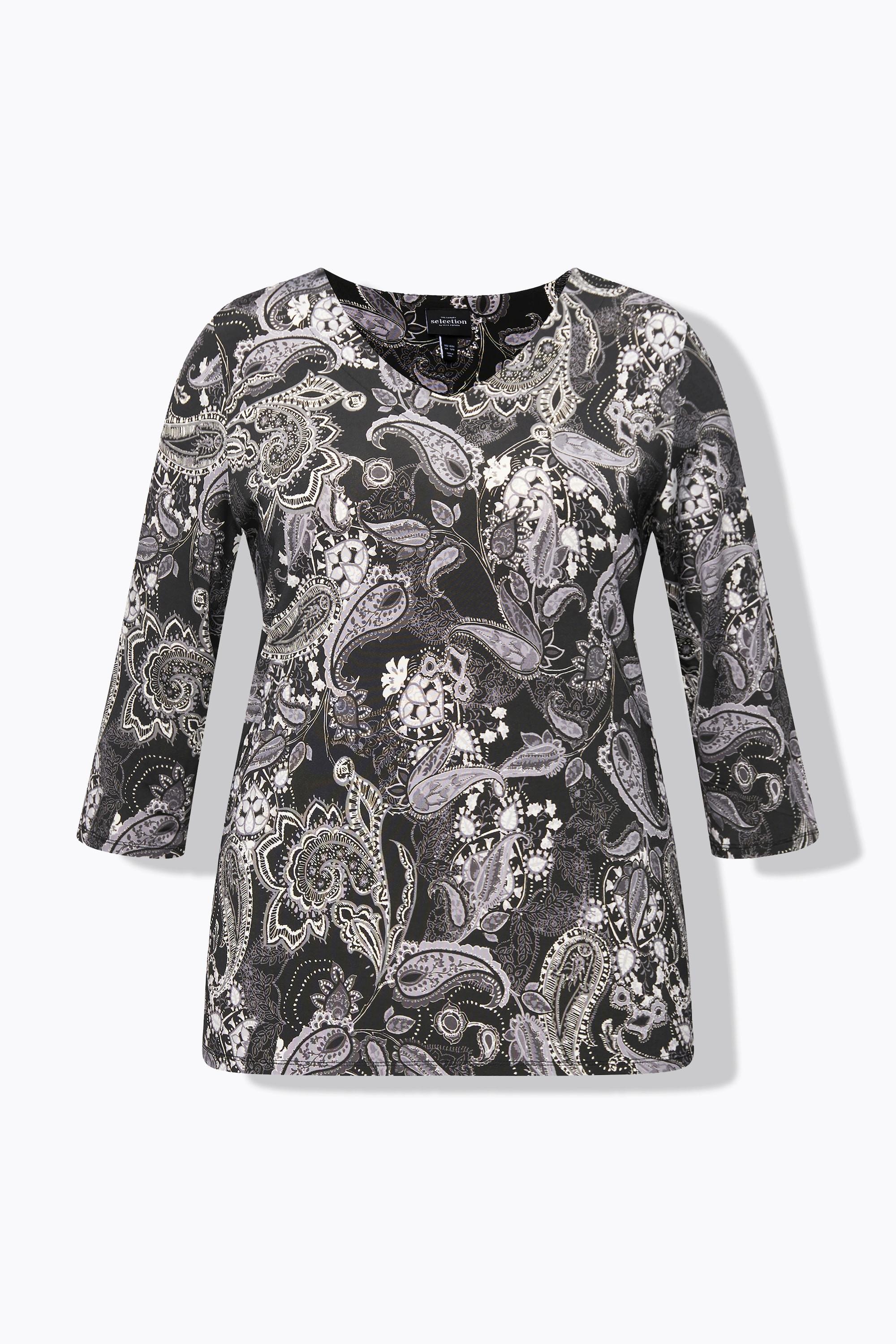 Ulla Popken  Maglia in tessuto fluente con Paisley, scollo a V e maniche a 3/4 