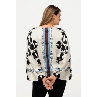 Ulla Popken  Blouse en satin à col en V et manches 3/4, imprimé graphique 