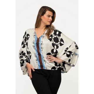 Ulla Popken  Blouse en satin à col en V et manches 3/4, imprimé graphique 