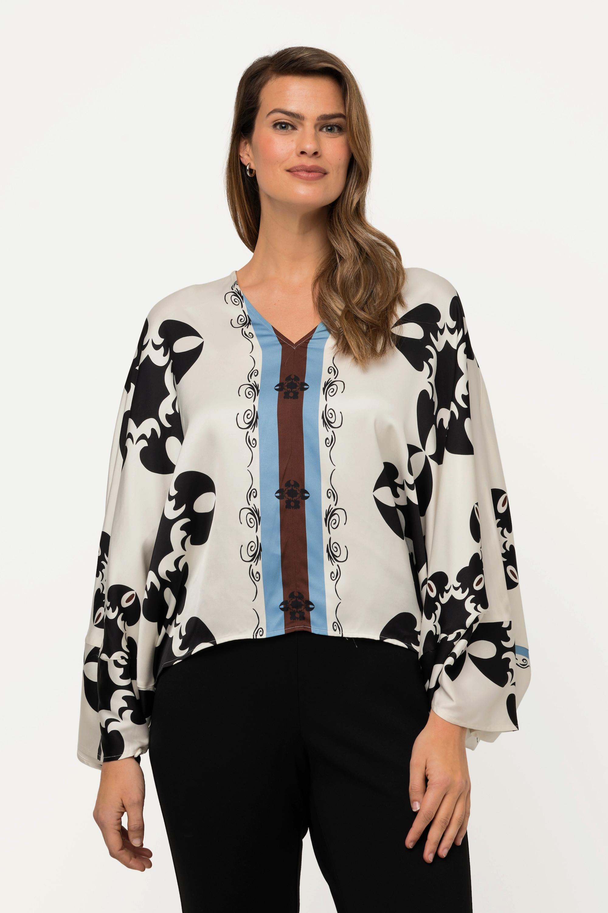 Ulla Popken  Blouse en satin à col en V et manches 3/4, imprimé graphique 