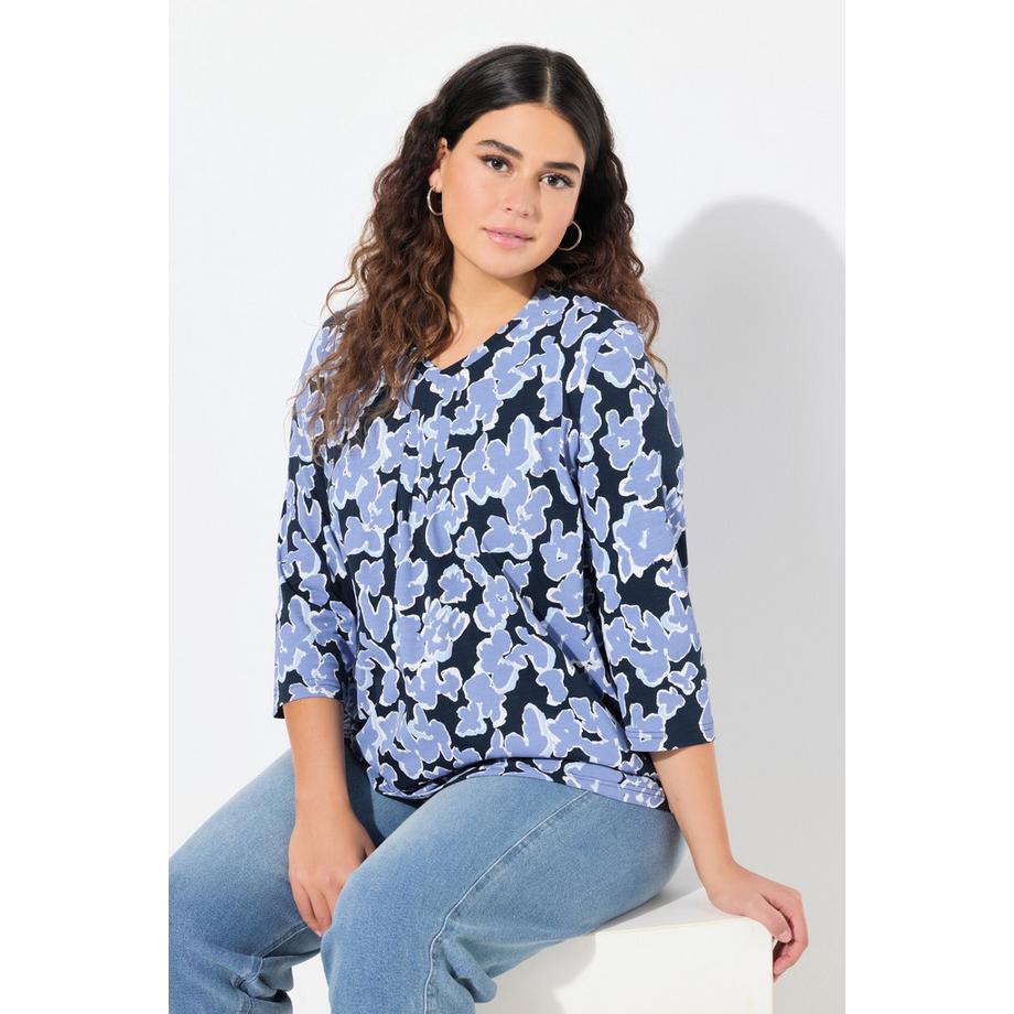 Ulla Popken T-shirt Imprimé Coupe Évasée Col en V Manches 3/4  