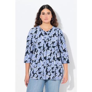 T-shirt imprimé, coupe évasée, col en V et manches 3/4