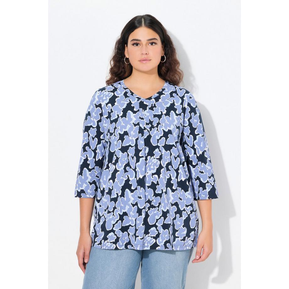 Ulla Popken T-shirt Imprimé Coupe Évasée Col en V Manches 3/4  