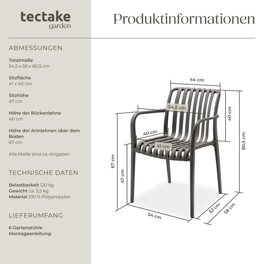 Tectake Gartenstühle Alcudia wetterfest und UV-beständig platzsparend stapelbar 6er Set  