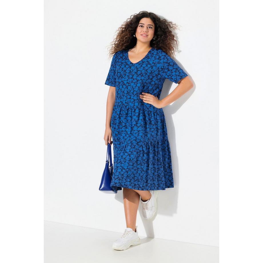 Ulla Popken Jerseykleid Volants A-Linie V-Ausschnitt Halbarm  