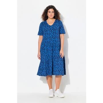 Abito di jersey dal taglio svasato con scollo a V, mezze maniche e volant