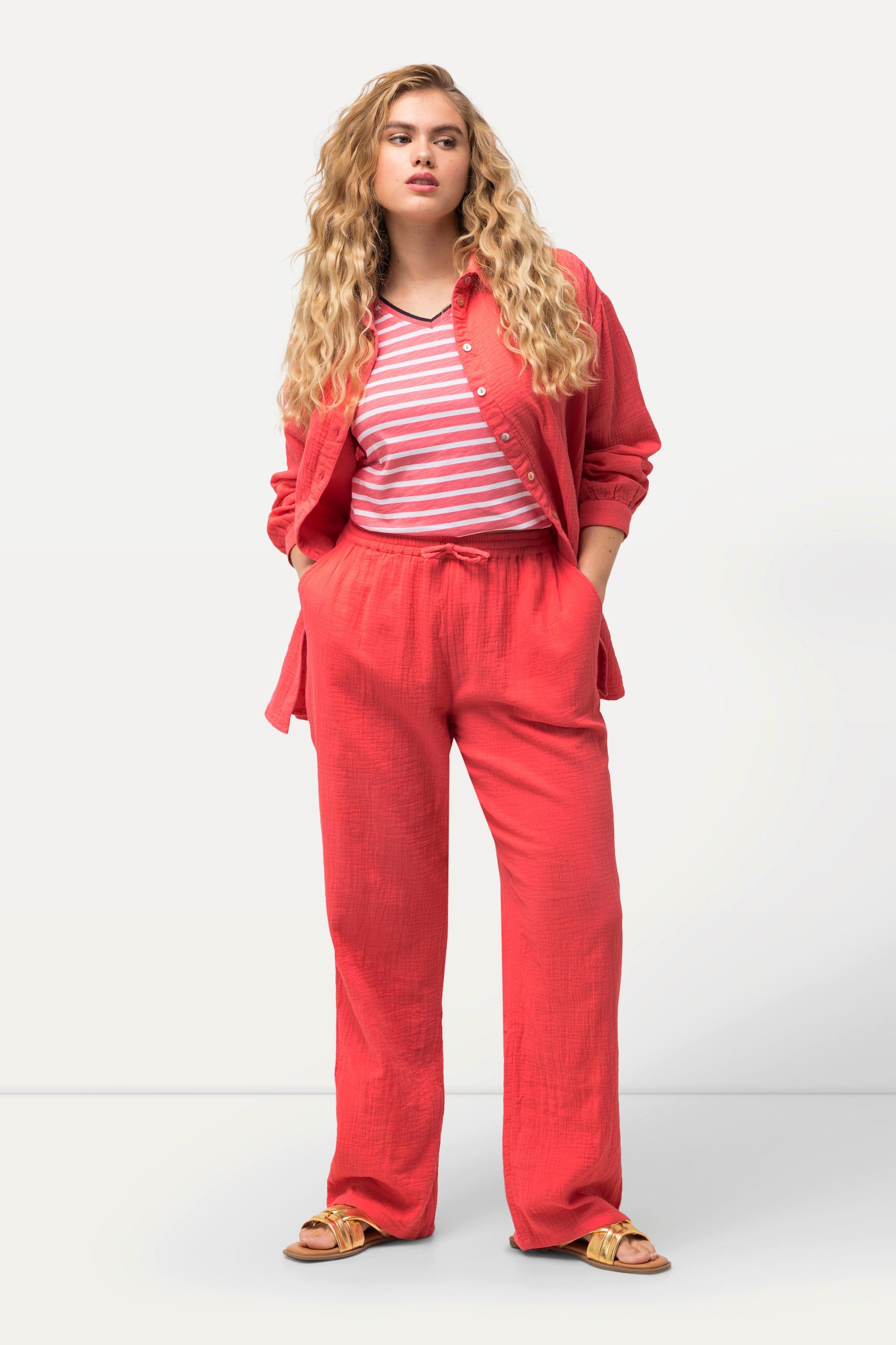 Ulla Popken  Pantaloni modello Rose in mussola con taglio della gamba ampio e cintura elastica 