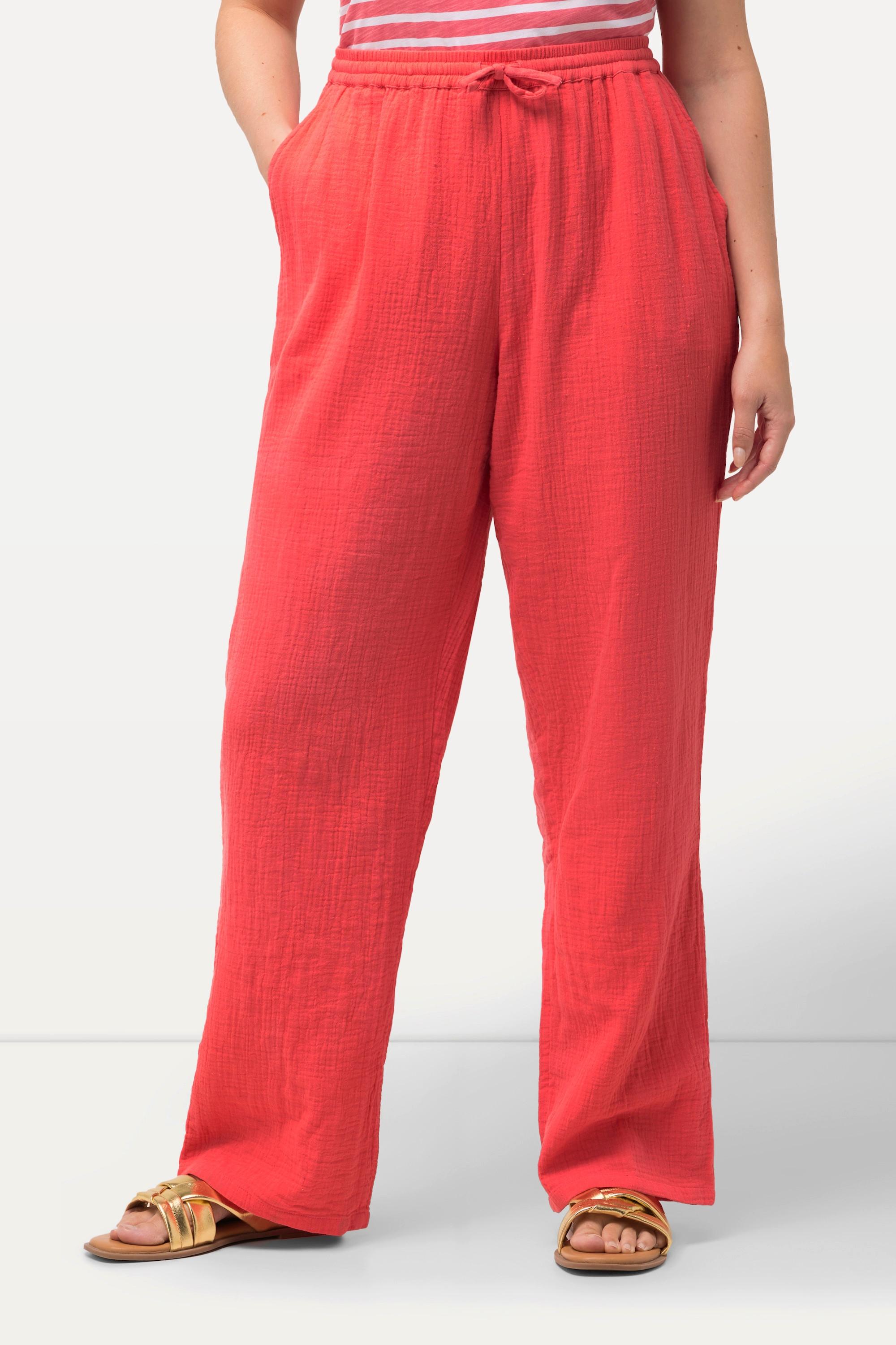 Ulla Popken  Pantaloni modello Rose in mussola con taglio della gamba ampio e cintura elastica 