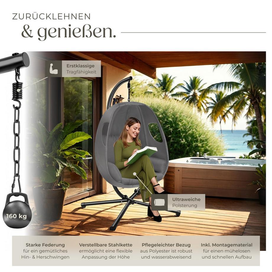 Tectake Poltrona sospesa Anika con cuscino seduta extra spesso, girevole a 360°  