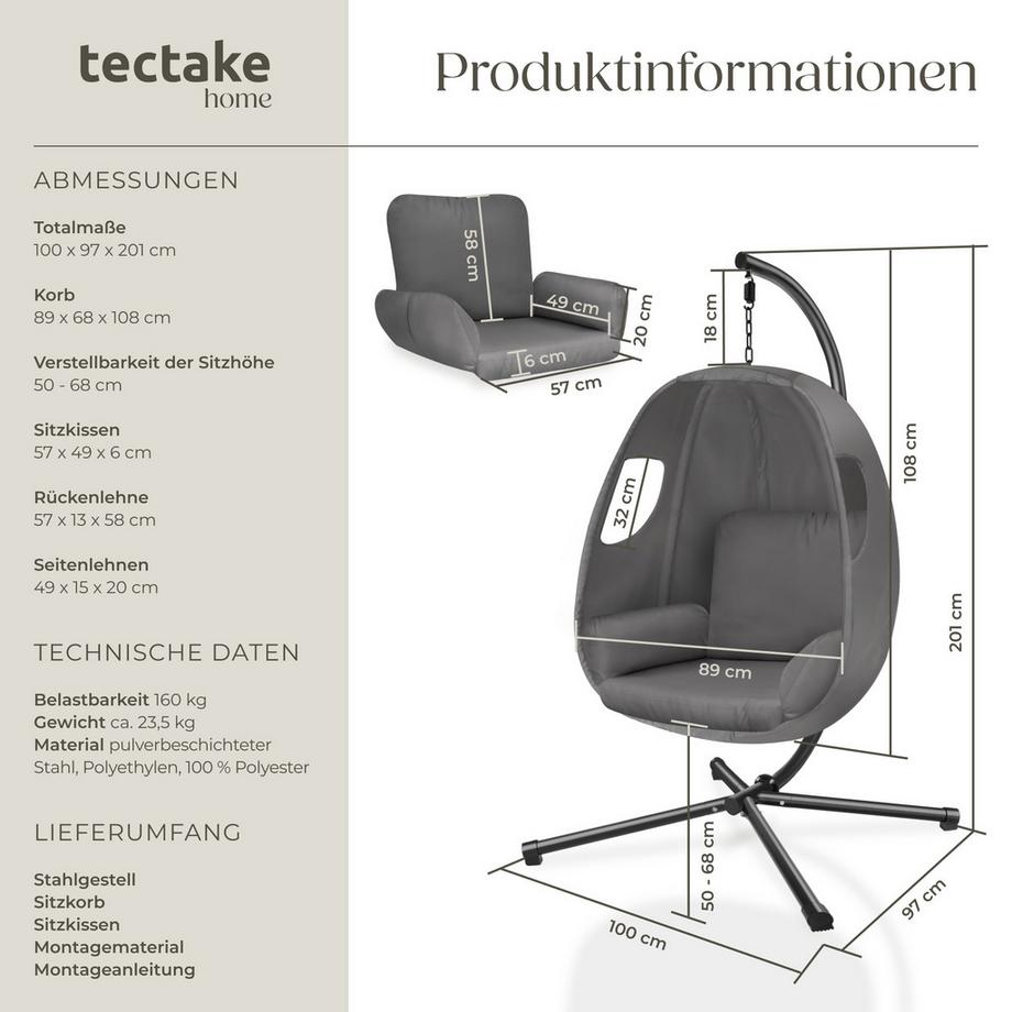 Tectake Poltrona sospesa Anika con cuscino seduta extra spesso, girevole a 360°  