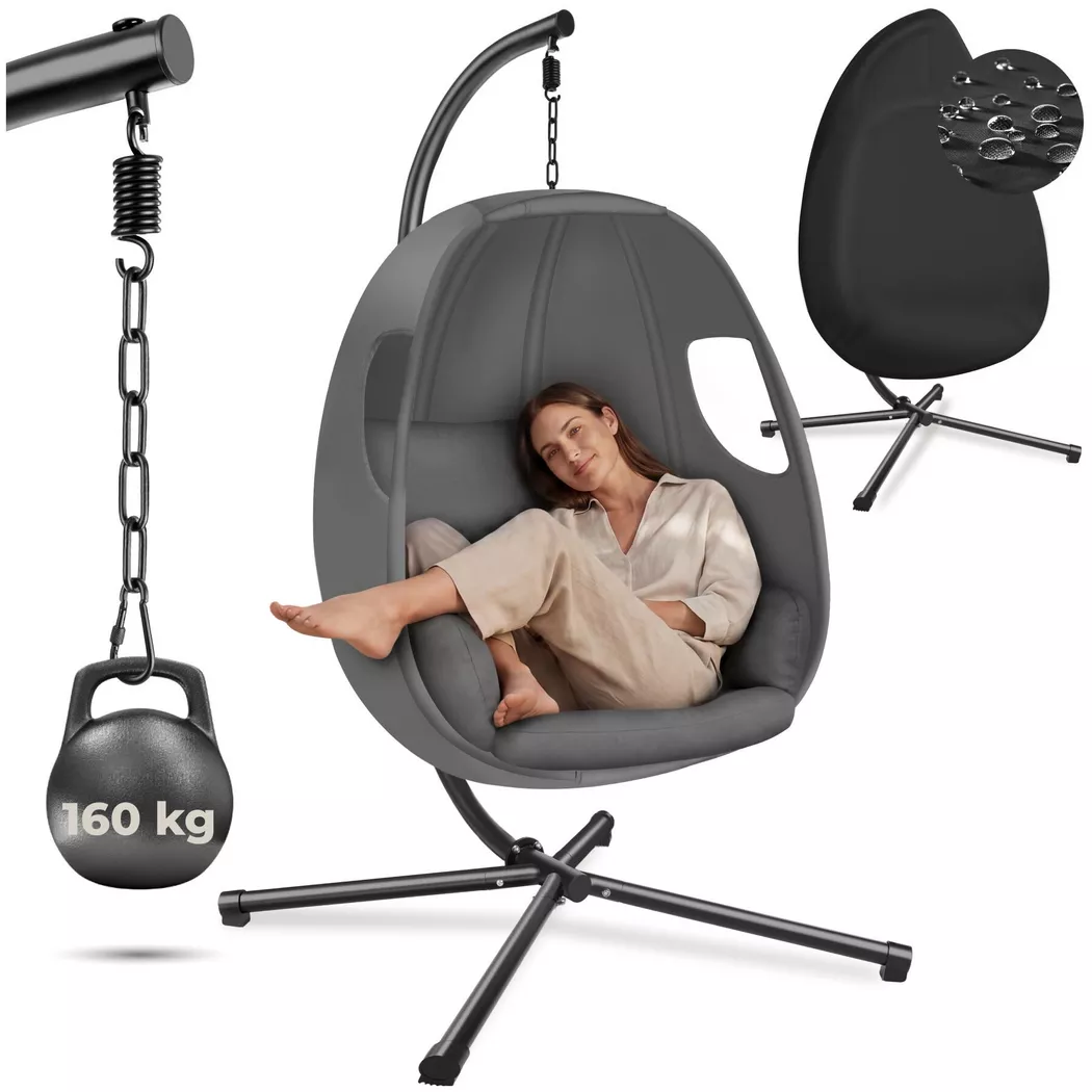 tectake® Hängeliege mit Gestell, mit extra dickem Sitzkissen, 360° drehbar, Belastbarkeit 160 kg, inklusive Schutzhülle, 100 x 97 x 201 cm