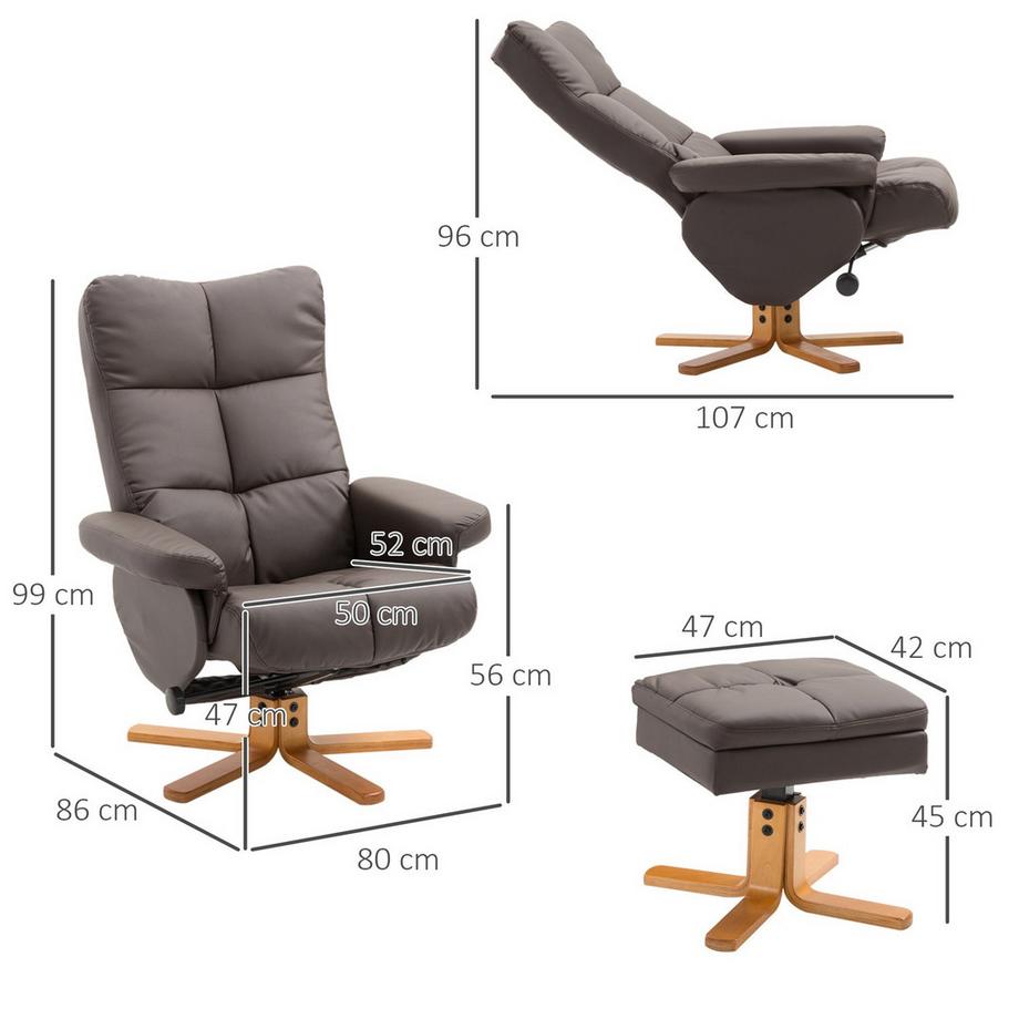 Northio  Relaxsessel mit Hocker und Stauraum Fernsehsessel mit Liegefunktion 360° drehbarer Sessel PU Holzgestell Braun 80 x 86 x 99cm 