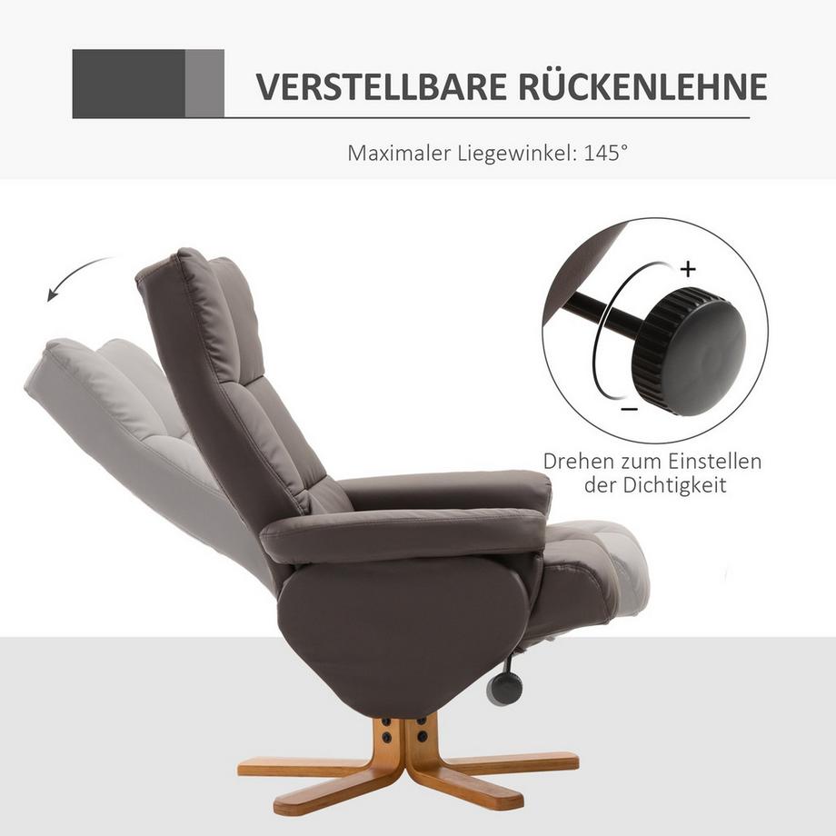 Northio  Relaxsessel mit Hocker und Stauraum Fernsehsessel mit Liegefunktion 360° drehbarer Sessel PU Holzgestell Braun 80 x 86 x 99cm 