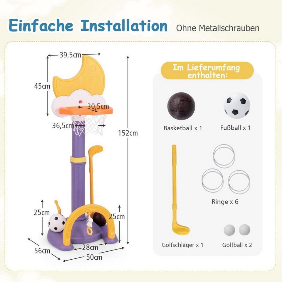 Northix  4 in 1 Kinder Basketballkorb Set mit Basketball & Fußball & Ringwurf Basketballständer Gelb 