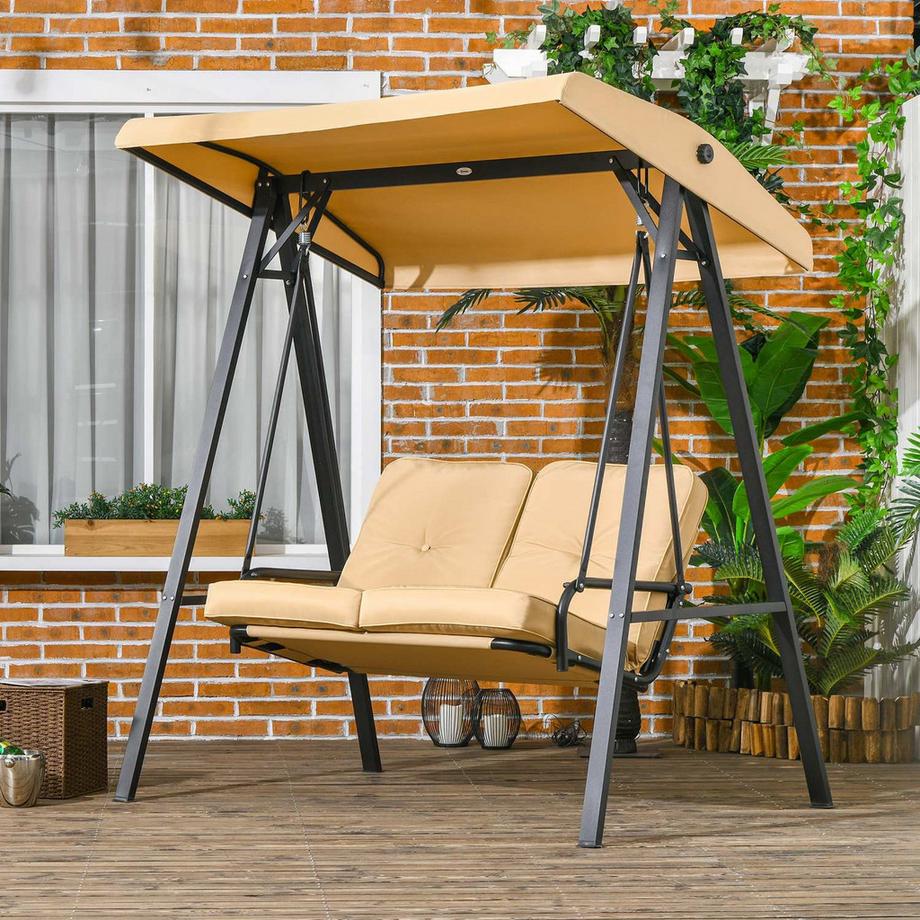 Northio Outsuuny Hollywoodschaukel 3-Sitzer Gartenschaukel mit verstellbarem Sonnendach, Schaukelbank belast bis 220kg, Gartenliege für Garten, Terrasse, 138 x 106 x 174 cm, Beige  
