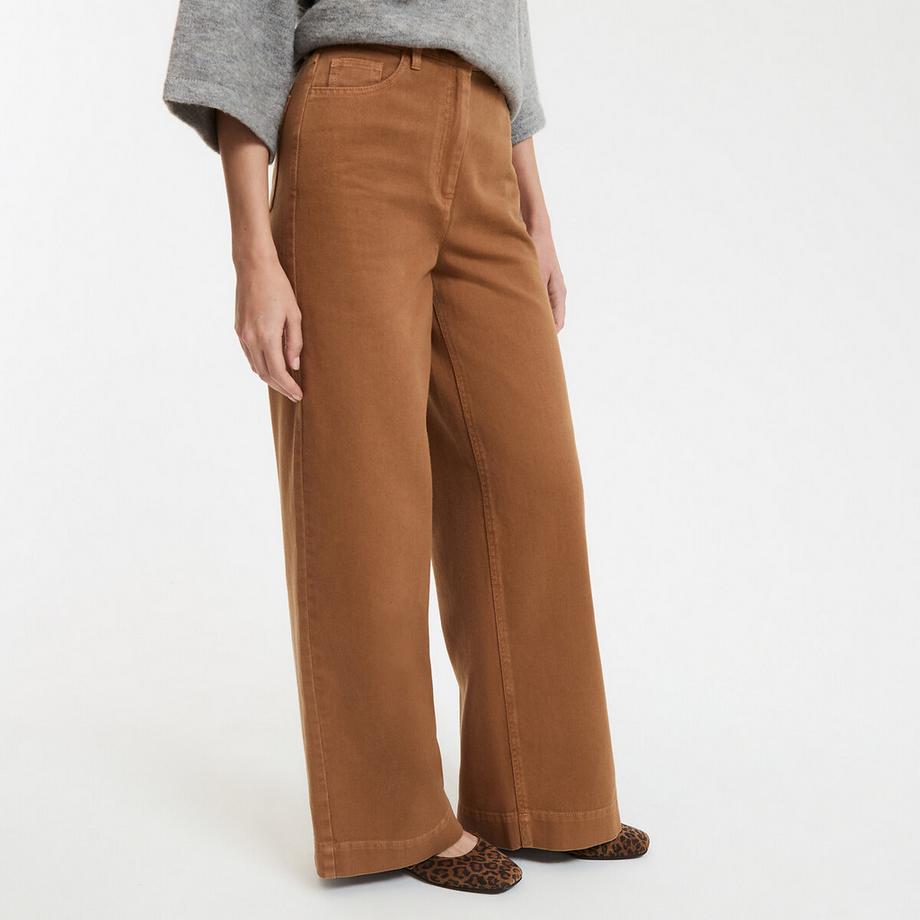 Pantalon large taille haute en twill de coton