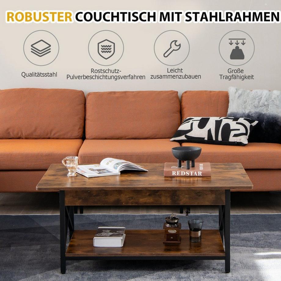 Northix 2-stufiger Industrieller Couchtisch mit Ablagefläche & X-förmigem Metallrahmen Braun  
