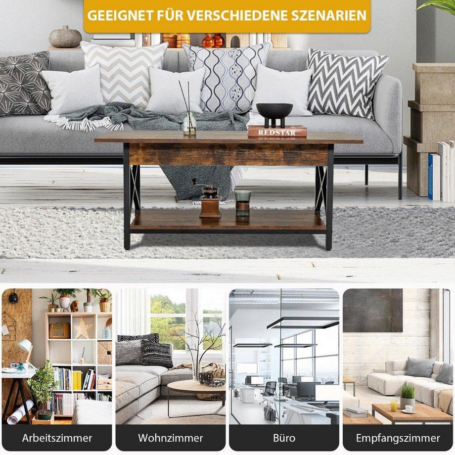 Northix 2-stufiger Industrieller Couchtisch mit Ablagefläche & X-förmigem Metallrahmen Braun  