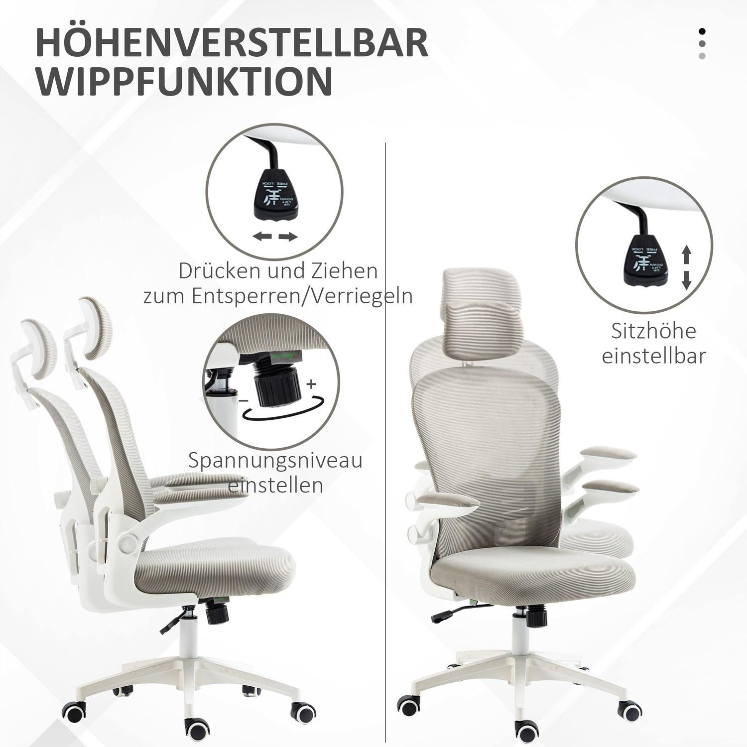 Northio Bürosessel mit verstellbarer Kopfstütze, ergonomischer Schreibtischstuhl mit hochklappbarem Arm, bis 120 kg, Grau  