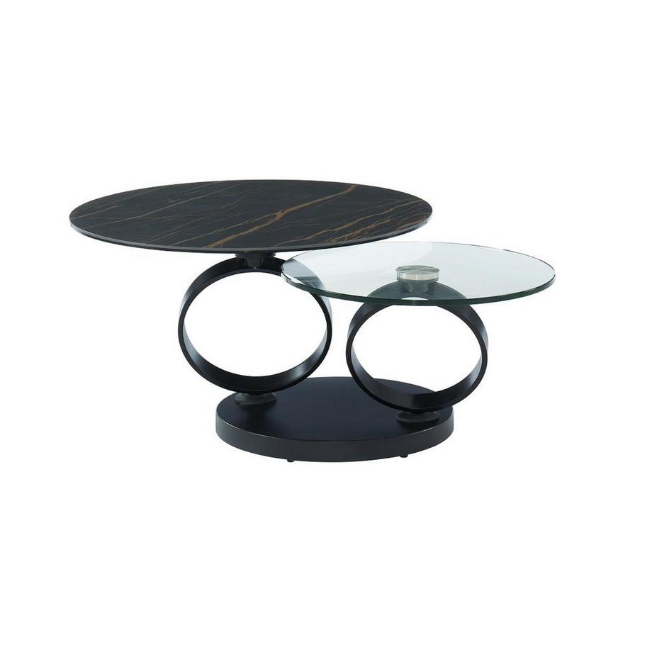 Vente-unique Table basse avec plateaux pivotants JOLINE Céramique verre trempé Effet marbre  