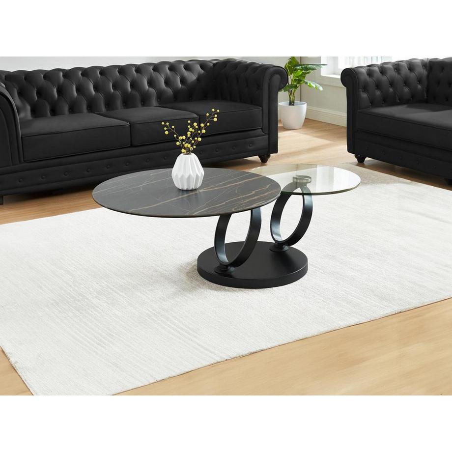 Vente-unique Table basse avec plateaux pivotants JOLINE Céramique verre trempé Effet marbre  