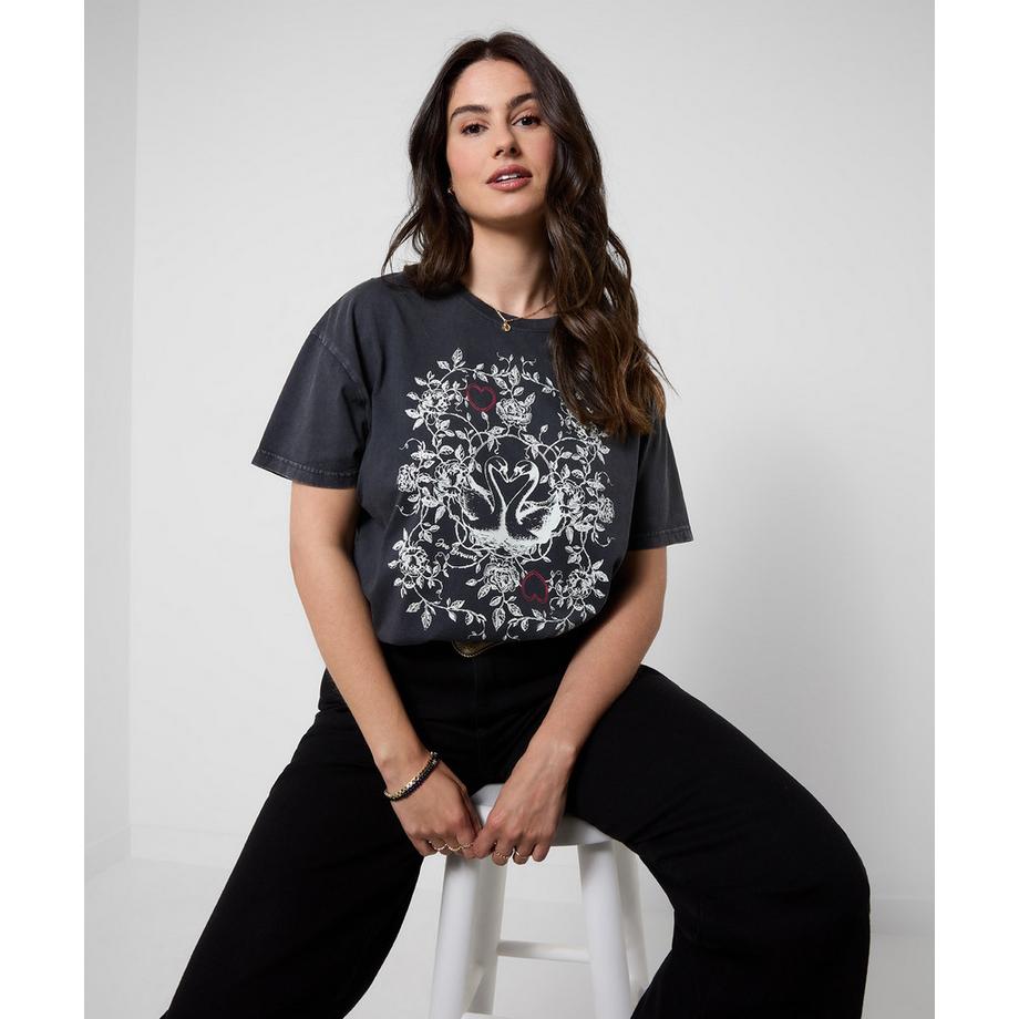 Kurzarm-T-Shirt in Acid-Wash mit Schwan-Print