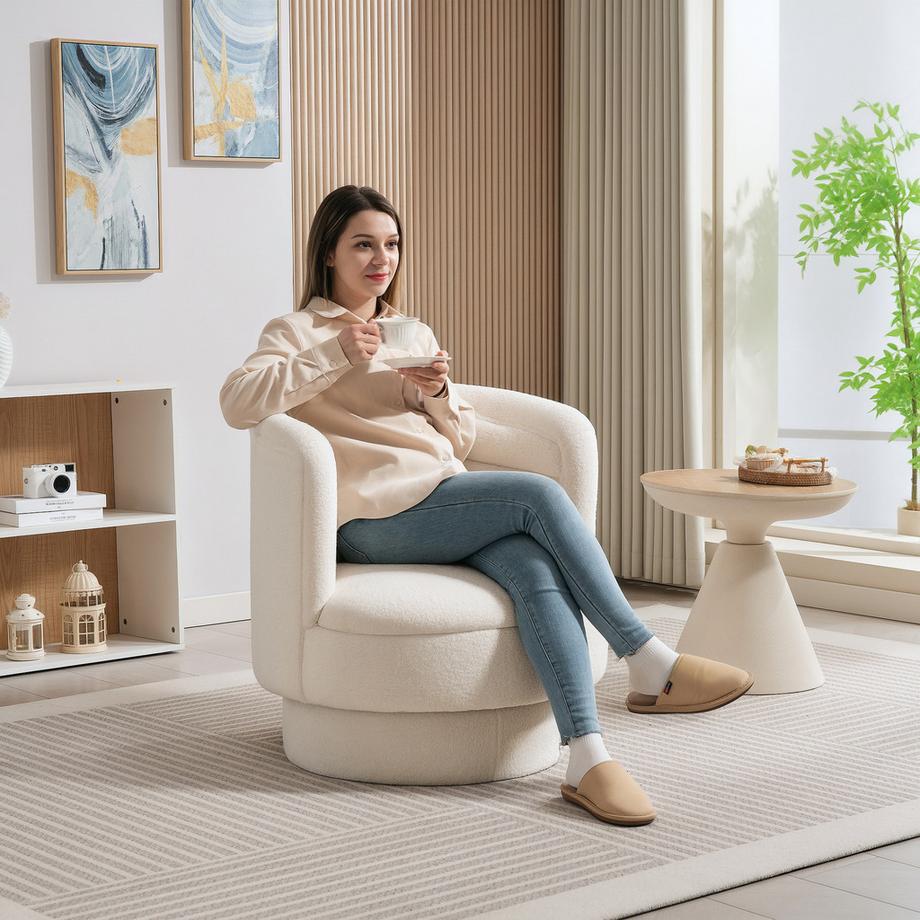 Northio Drehbarer Polstersessel, Moderner Lounge-Sessel mit Kautschukholzrahmen, für Wohnzimmer, Schlafzimmer, Cremeweiß  