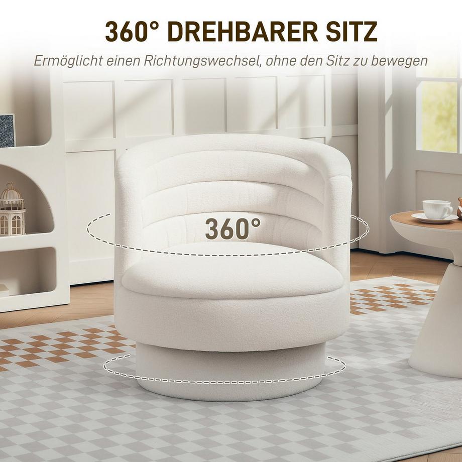 Northio Drehbarer Polstersessel, Moderner Lounge-Sessel mit Kautschukholzrahmen, für Wohnzimmer, Schlafzimmer, Cremeweiß  