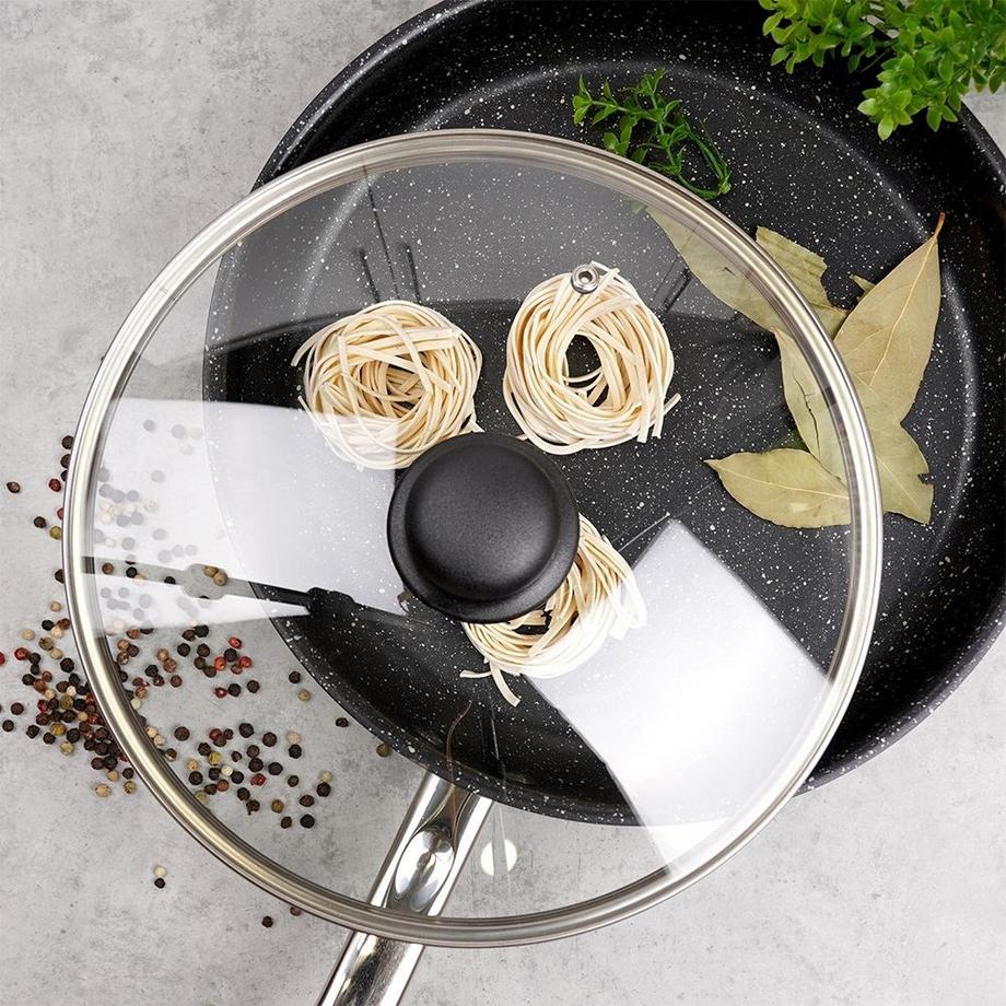 B2X  Glasdeckel mit Stahlrand und Dampföffnung, komfortabler Kunststoffgriff 