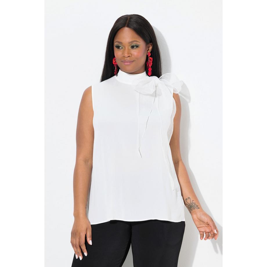 Ulla Popken Blouse sans manches en Crêpe avec Nœud Col Montant  