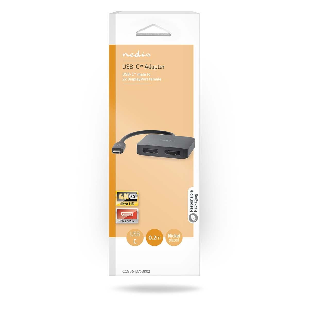 Nedis  Adaptateur USB-C™ | USB 3.2 Génération 1 | USB-C™ Mâle | 2x Displayport femelle | 4K à 60 Hz | 0,20 m | Rond | Nickelé | PVC | Noir | Boîte 