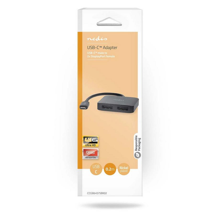 Nedis  USB-C™-Adapter | USB 3.2 Gen 1 | USB-C™-Stecker | 2x Displayport Buchse | 4K@60Hz | 0,20m | Rund | Vernickelt | PVC | Schwarz | Kasten 