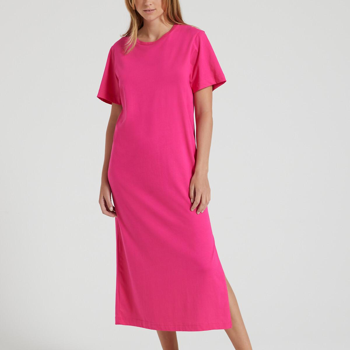 Image of Langes Shirtkleid Mit Rundhalsausschnitt Und Kurzen Ärmeln Damen Rosa L