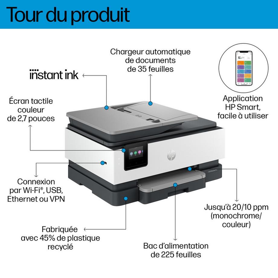 HP  OfficeJet Pro 8124e Sans fil All-in-One Couleur Imprimante, Instant Ink; Impression recto-verso 