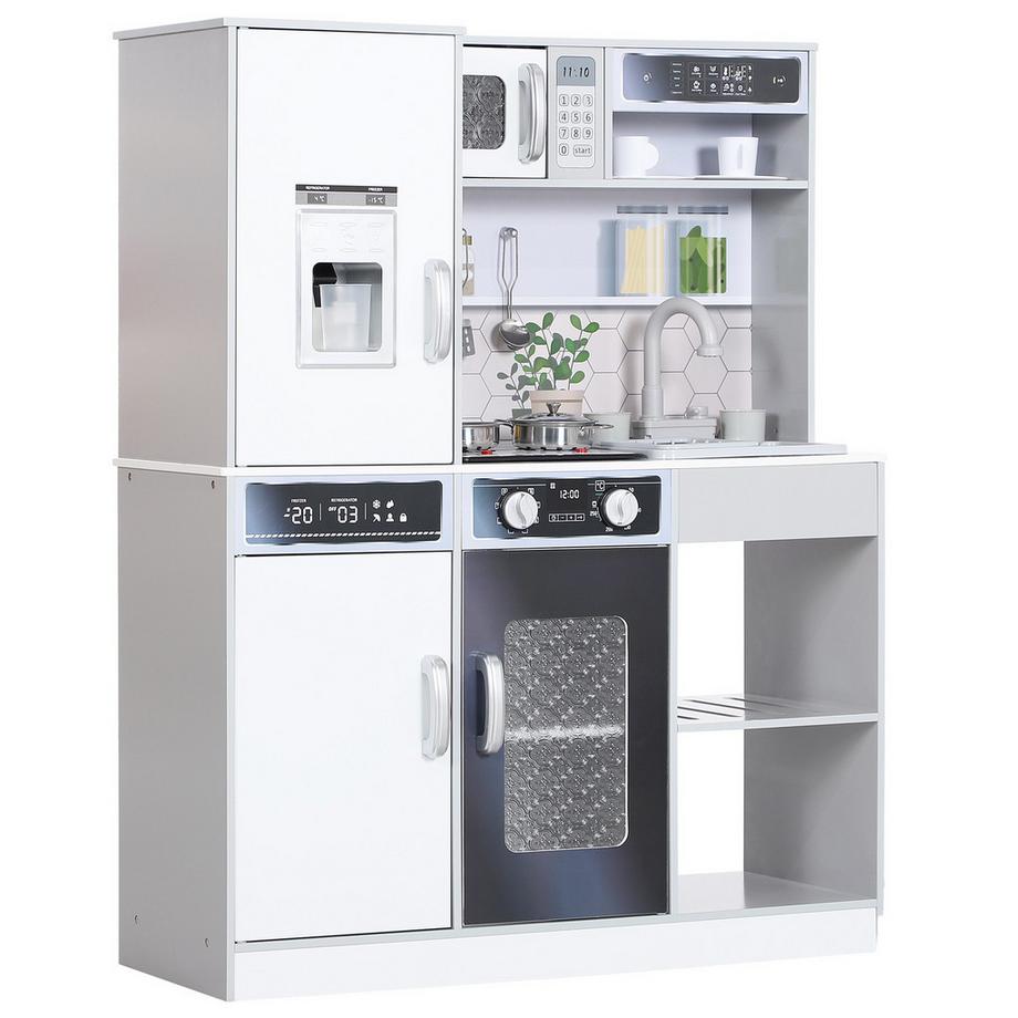 Northio  Kinderküche Spielküche mit Lichtern und Geräuschen Kochherd, fließendes Wasser, Kaffeemaschine, Kühlschrank, Mikrowelle, Eiswürfelmaschine, Küchenzubehör für 3-8 Jahre Kinder, Weiß 