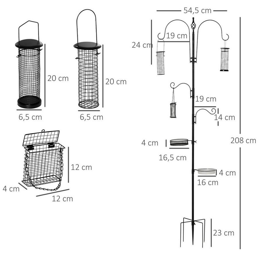 Northio  Vogel Futterstation Set Vogeltränke Futterteller Vollständiges Futtersäule Vogelfutterspender Station Mit 4 Haken Stahl Schwarz Höhe 208 Cm 