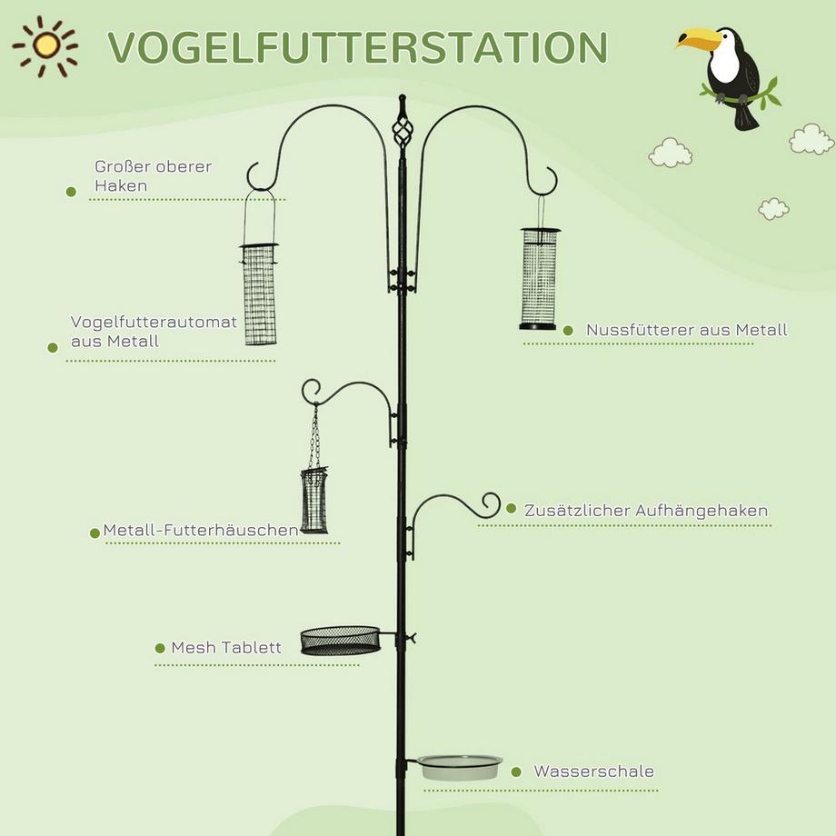 Northio  Vogel Futterstation Set Vogeltränke Futterteller Vollständiges Futtersäule Vogelfutterspender Station Mit 4 Haken Stahl Schwarz Höhe 208 Cm 