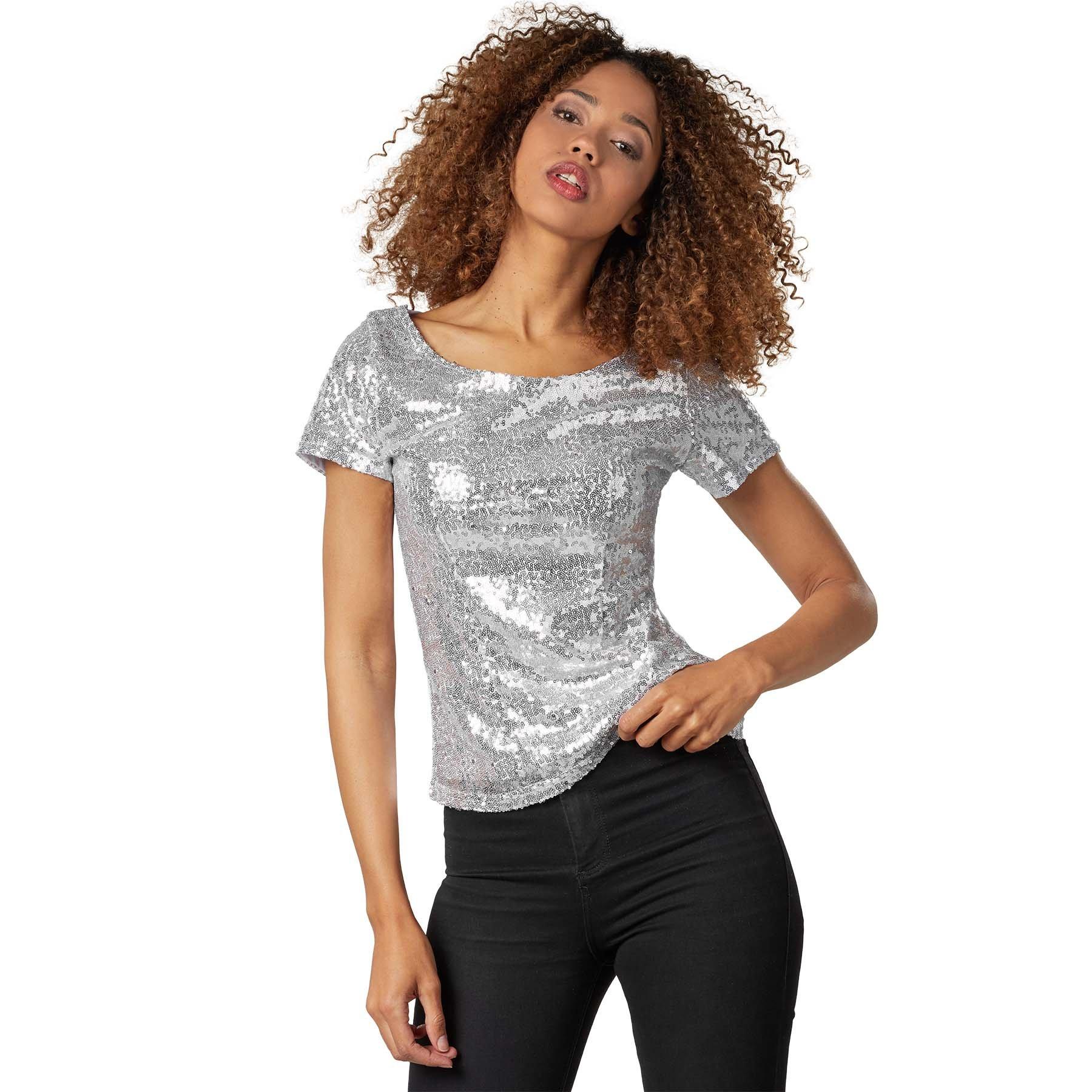Image of Pailletten-kurzarm-shirt Damen Silber L